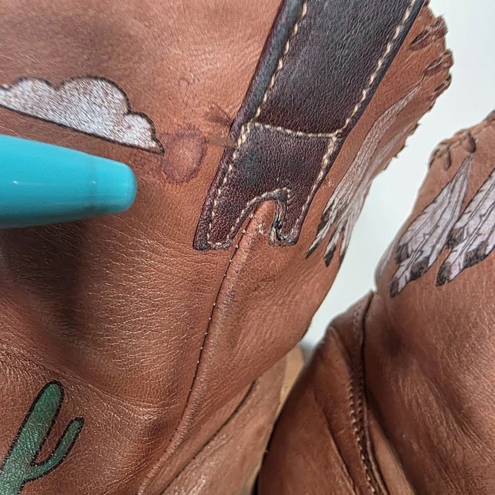 Vtg 90s Zodiac Western Ankle Boots Hand Painted Native American Size 6.5